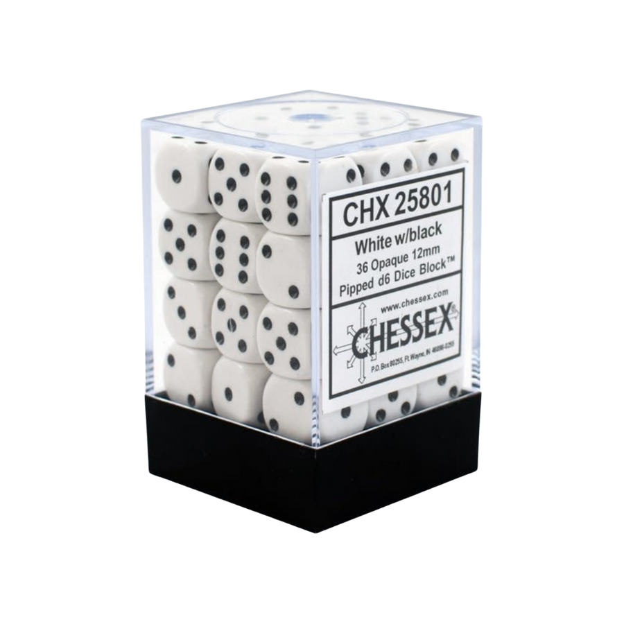 Chessex Dice Block: Opaque White w/black - 12mm D6 (36)