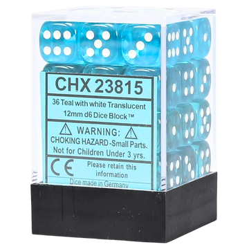 Chessex Dice Block: Translucent Teal w/white - 12mm D6 (36)