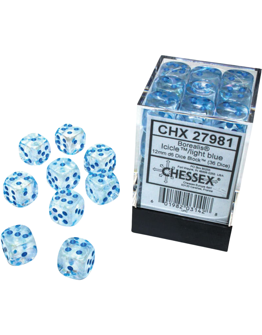 Chessex Borealis 12mm d6 Icicle/light blue Luminary Dice Block (36 dice)