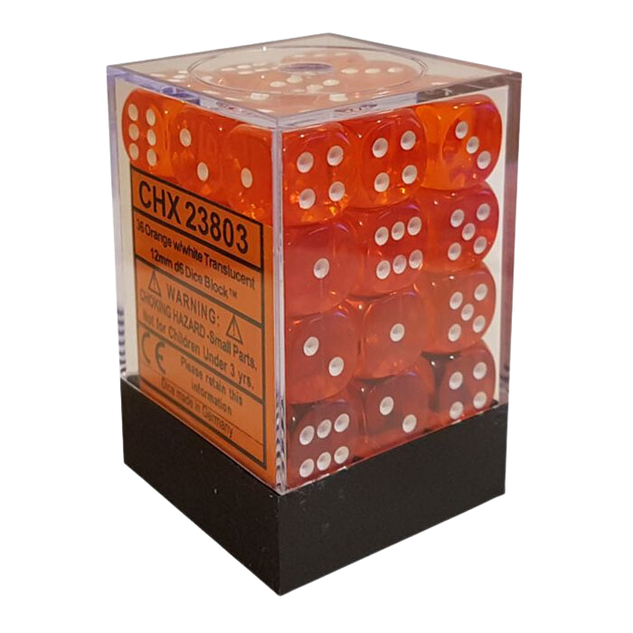 Chessex Translucent 12mm d6 with pips Dice Blocks (36 Dice) - Orange w/white