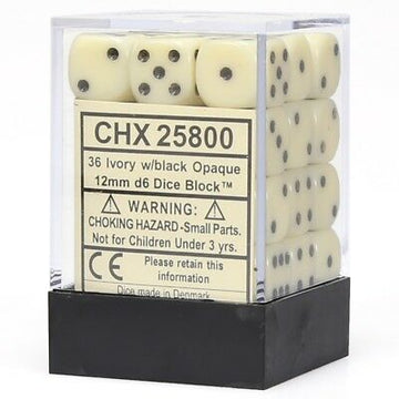 Chessex Dice Block: Opaque Ivory w/black - 12mm D6 (36)